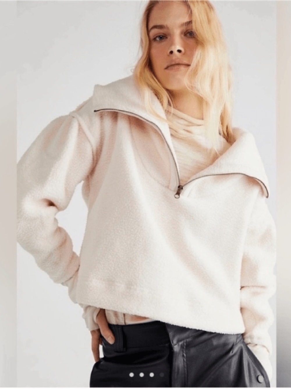 Free People Poppy Quarter Zip Pullover Medium New Sherpa Cozy Champagne